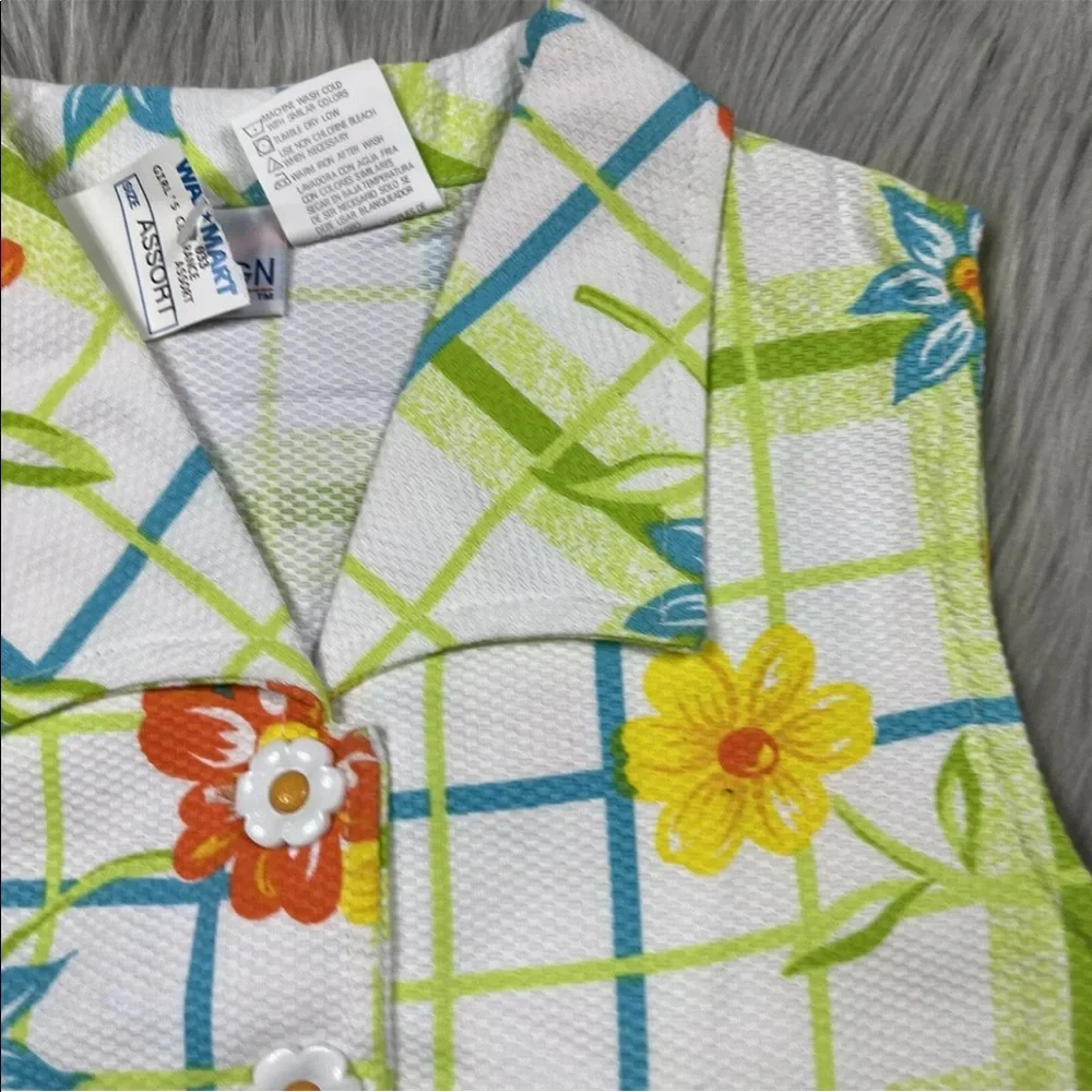 Vintage Girls In Design Blue Orange Green Floral Button Tie Front Shirt